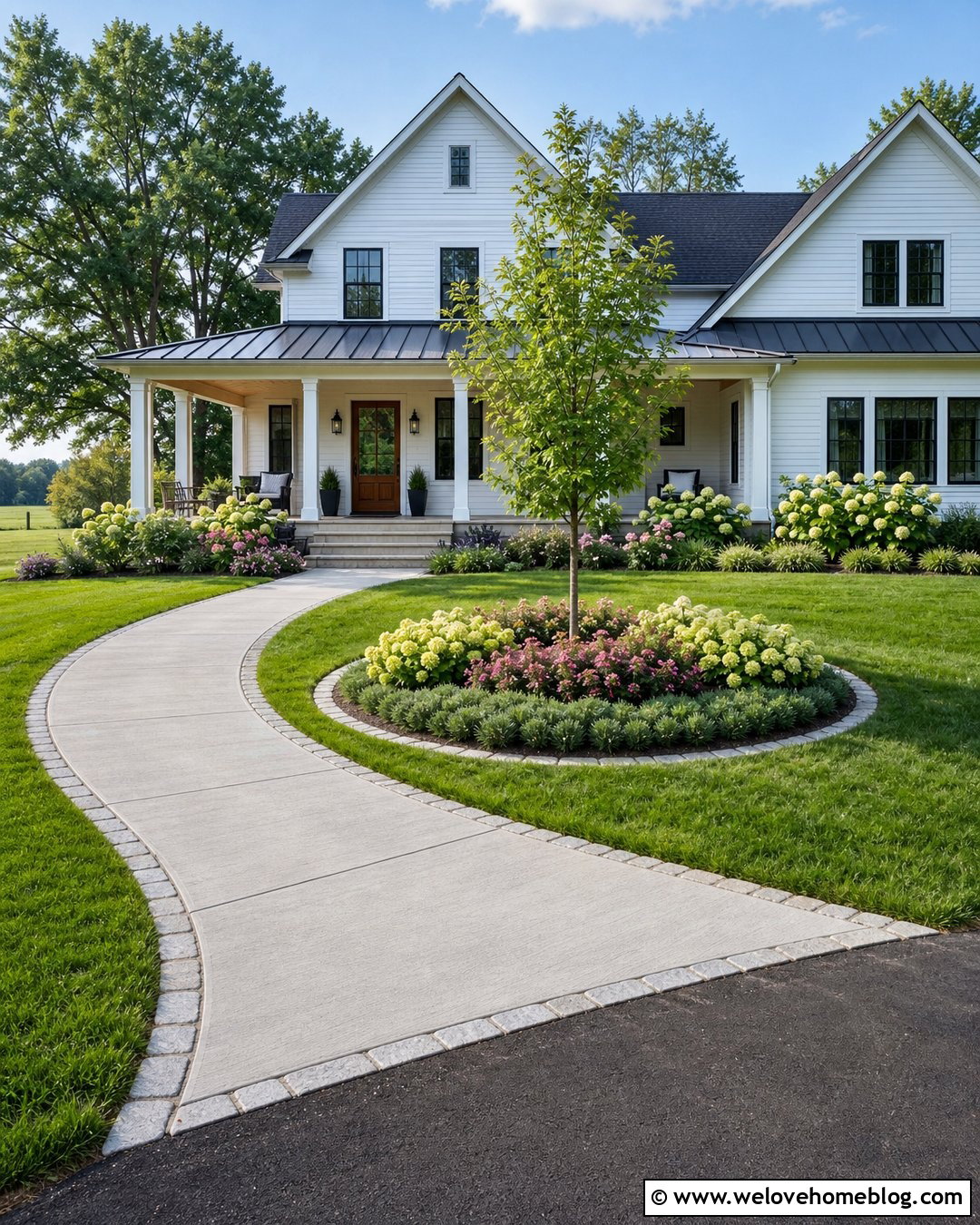 Concrete Walkway With a Circular Garden Bed - 20 concrete walkway from driveway to front door ideas