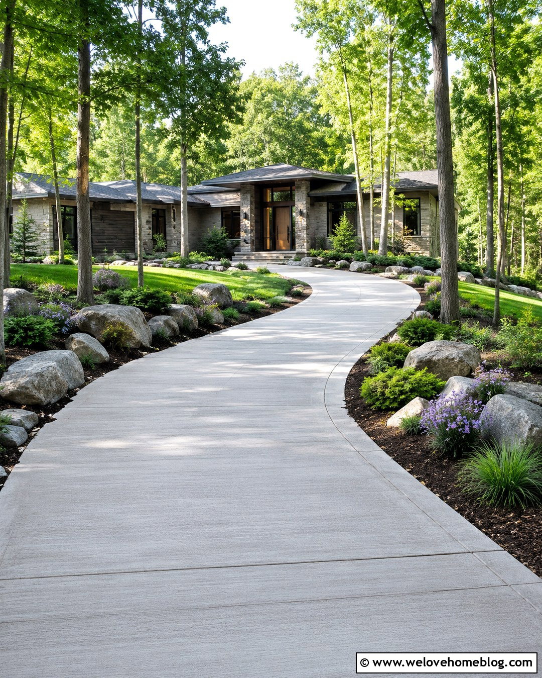 Concrete Wooded Driveway With Boulder Edging - 20 wooded driveway landscaping ideas