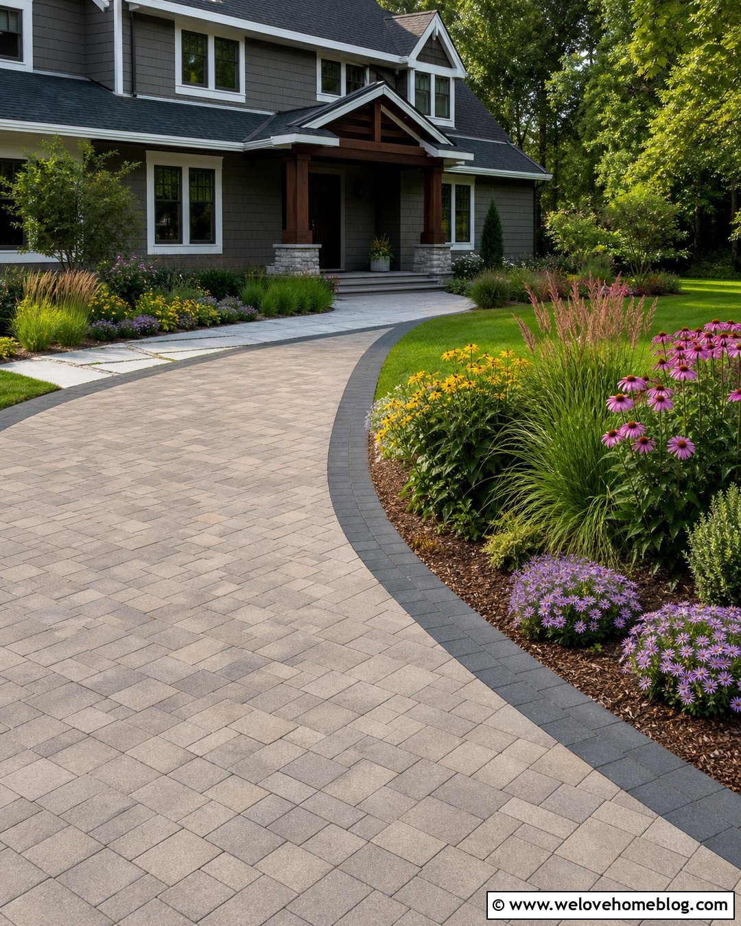 Coneflower Lined Paver Driveway - 25 flower lined driveway ideas