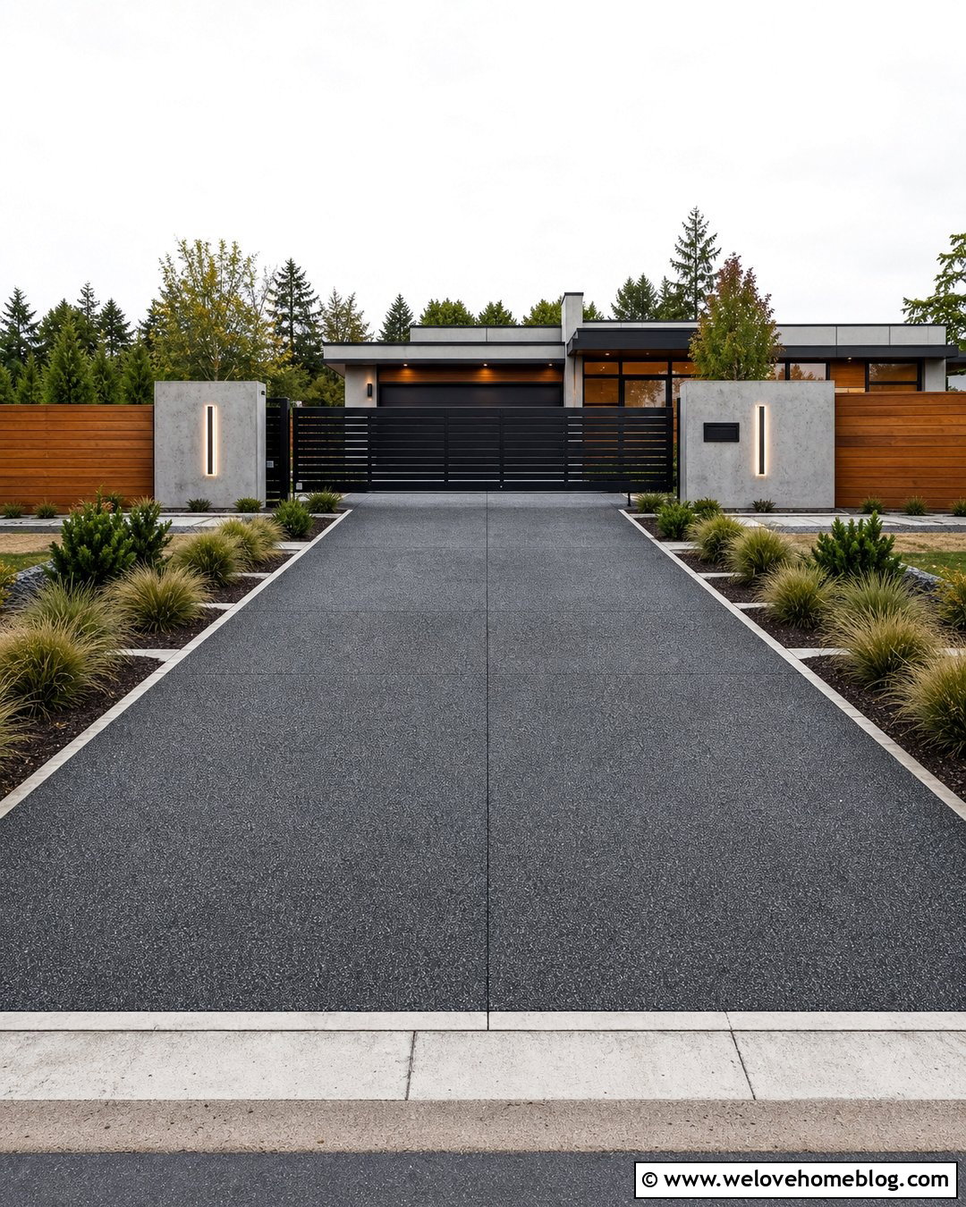 Contemporary Driveway Entrance With Concrete Pillars - 25 Luxury Driveway Entrance Ideas
