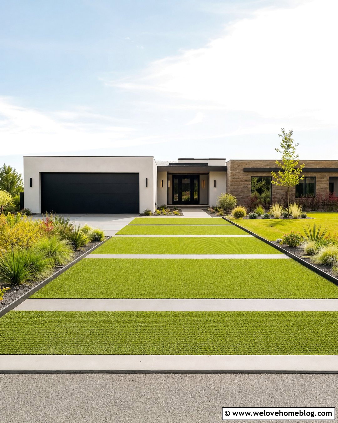 Contemporary Geogrid Grass Driveway With Concrete Bands - 20 Geogrid Grass Driveway Ideas