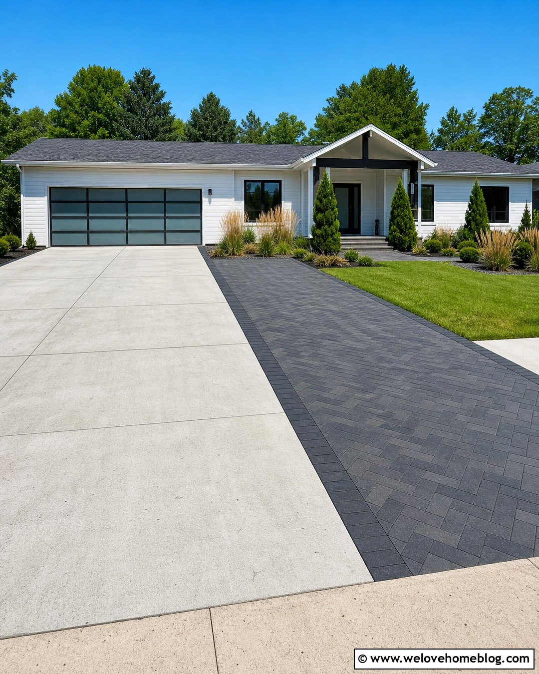 Contrasting Paver Driveway Extension - 30 Driveway Pavers Extension Ideas