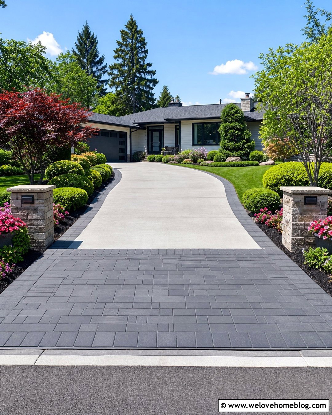 Contrasting Pavers Around a Driveway Entrance - 20 Pavers Around Driveway Ideas