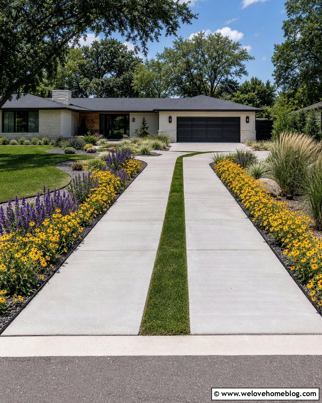 Coreopsis Along a Split Concrete Driveway - 25 flowers along driveway ideas