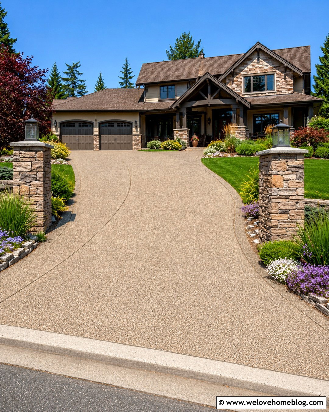 Corner Driveway With Stone Pillars - 20 Corner Driveway Ideas