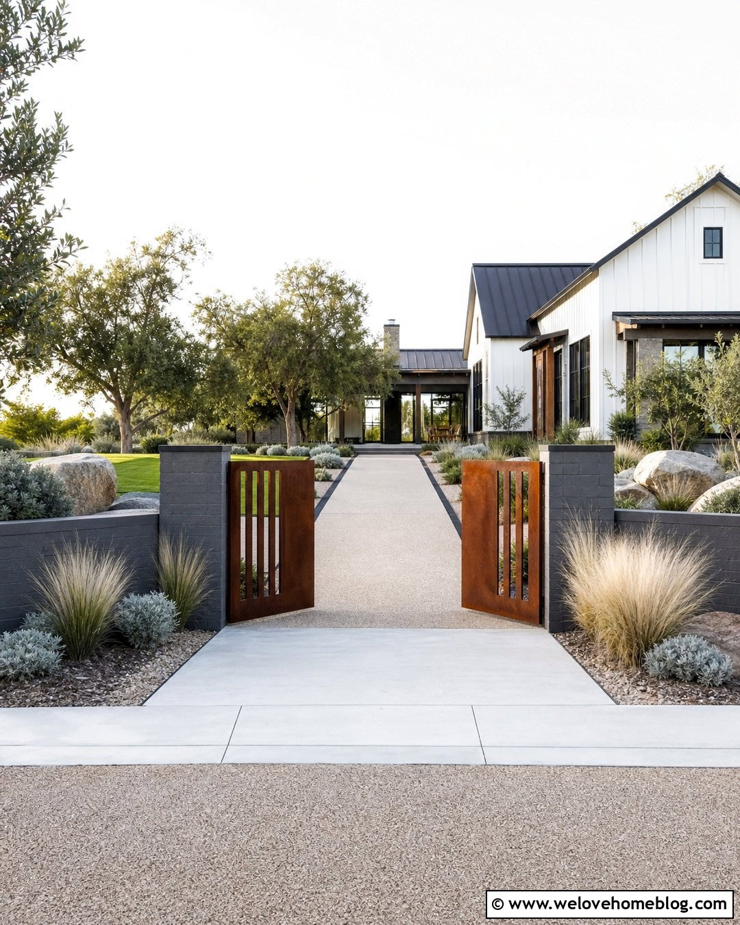 Corten Steel Driveway Gate With Gravel Landscaping - 25 Driveway Gate Design Ideas