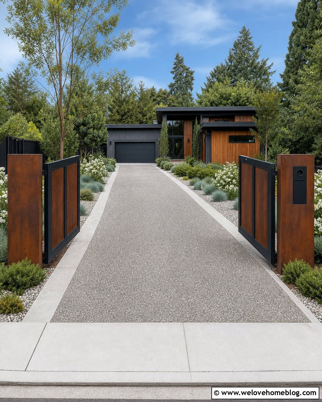 Corten Steel Gate Posts With Exposed Aggregate - 20 Driveways Gate Posts Ideas