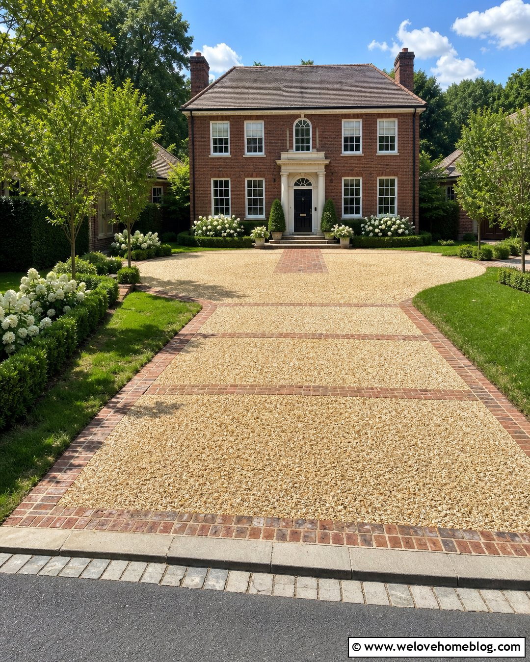 Cotswold Gravel Driveway With Red Brick Ribbons - 20 Cotswold Gravel Driveway Ideas