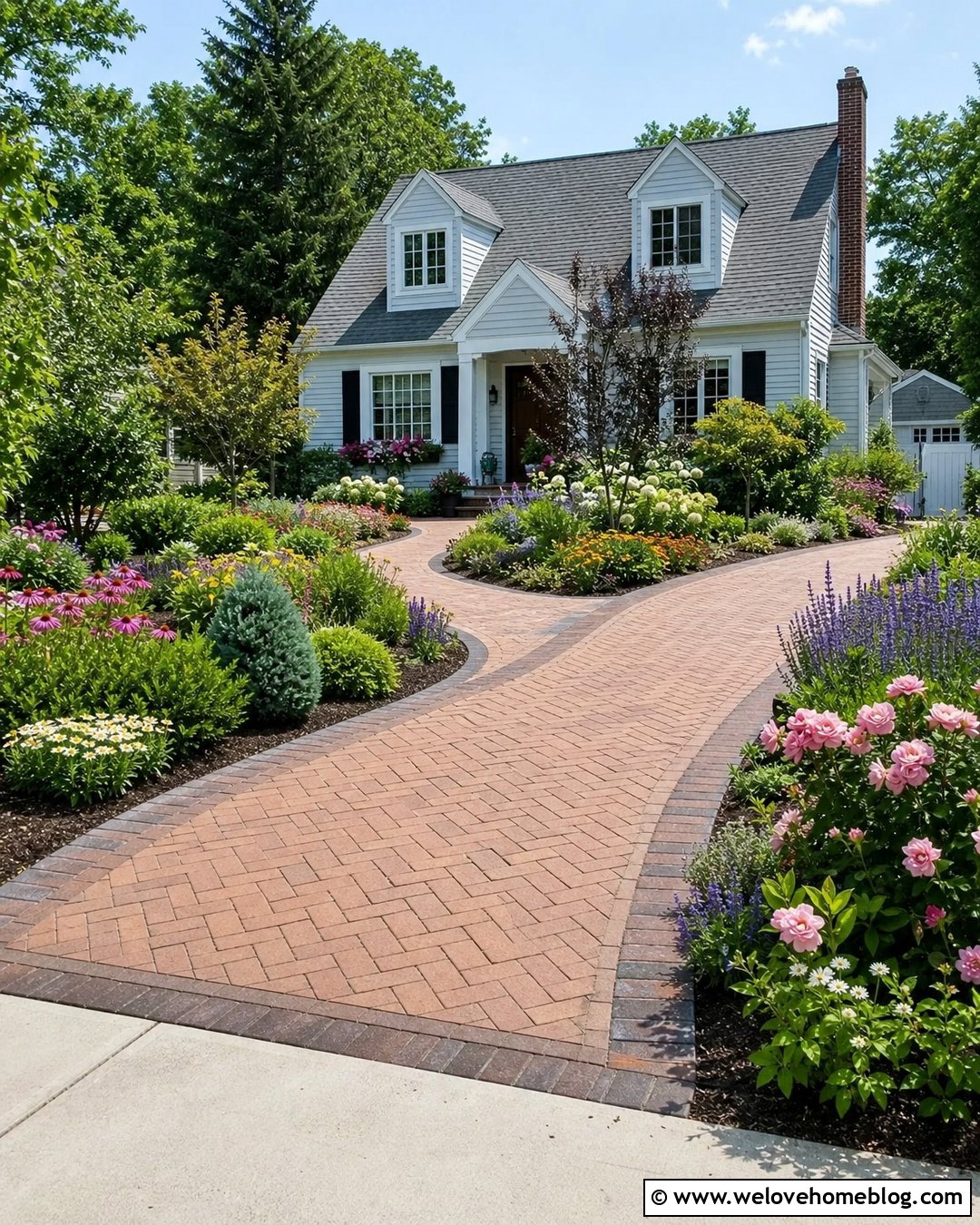 Cottage Brick Driveway With Mixed Flower Borders - 25 landscaping by driveway ideas