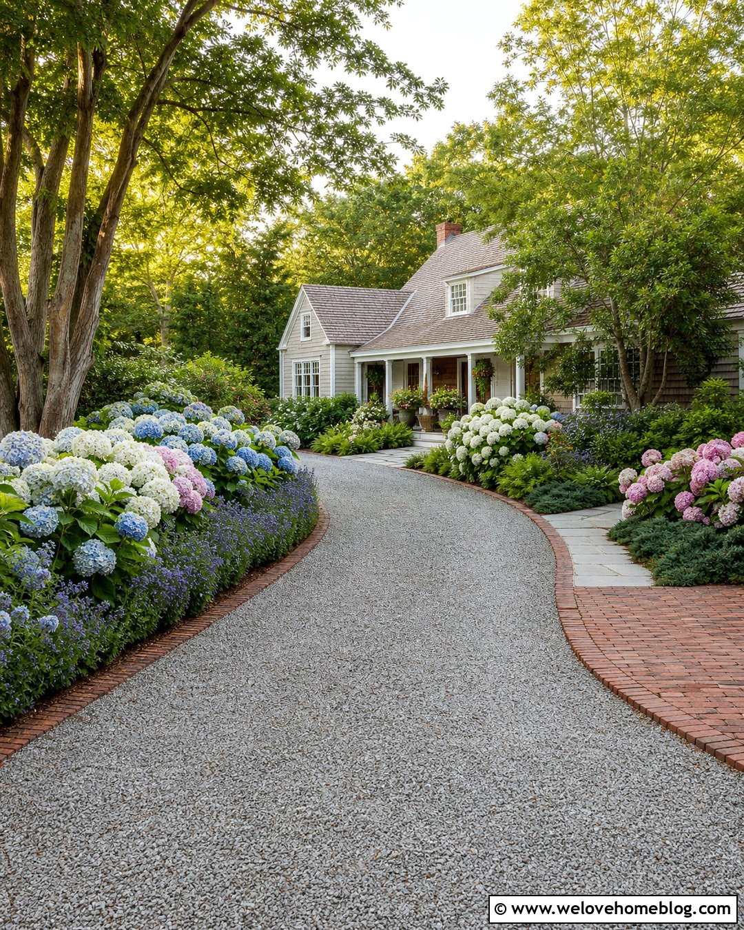 Cottage Driveway With Hydrangea Borders - 35 Cottage Driveway Ideas