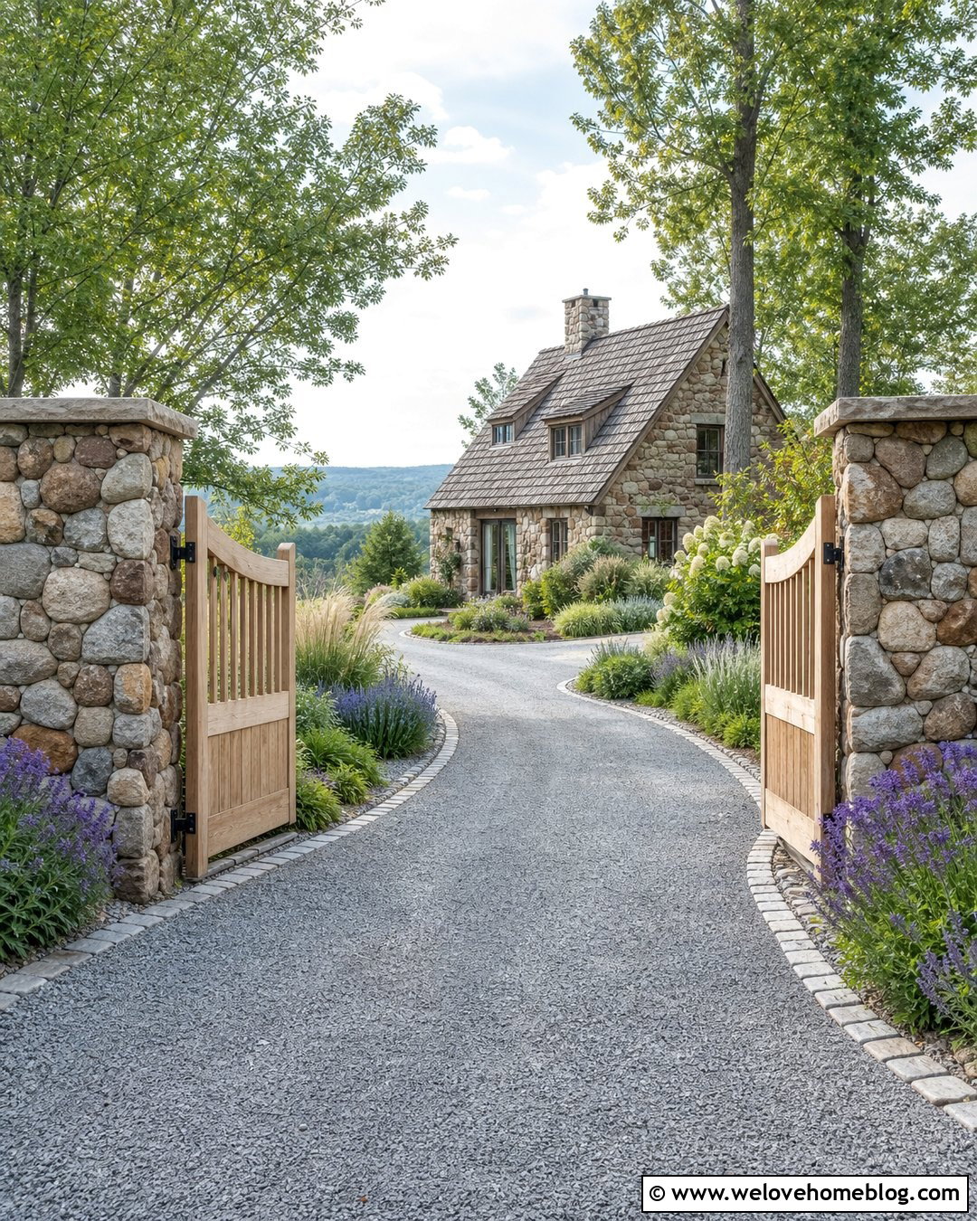 Cottage Driveway With Stone Pillars And Wooden Gate - 35 Cottage Driveway Ideas