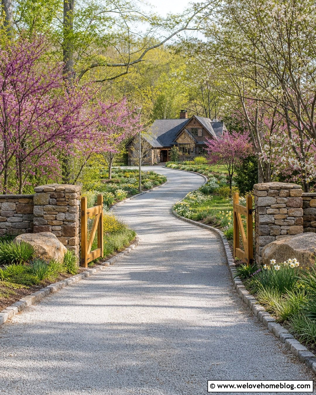 Country Acreage Driveway Entrance With Flowering Trees - 30 Acreage Landscaping Driveway Entrance Ideas