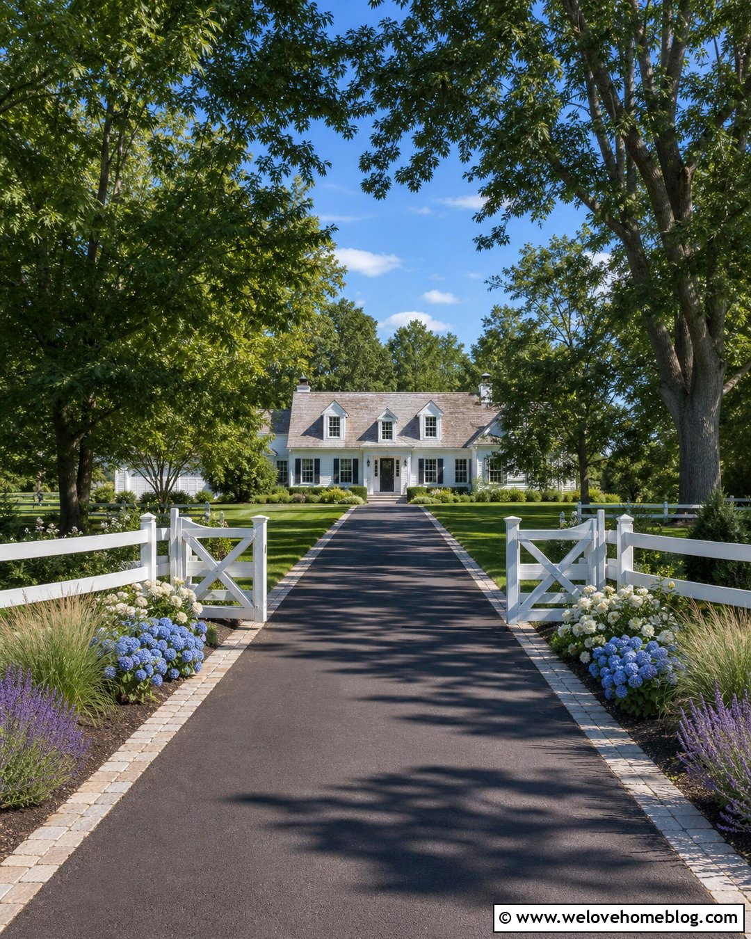 Country Asphalt Driveway Entrance With White Ranch Fence - 20 End Of Driveway Entrance Country Ideas
