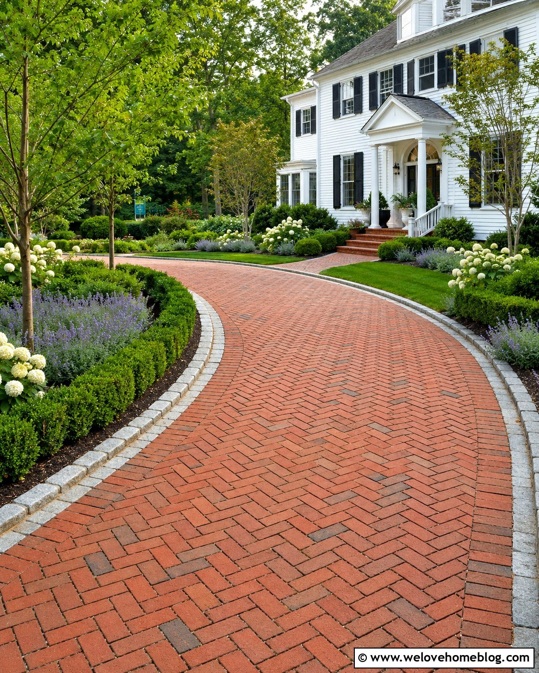 Country Brick Driveway With Boxwood Borders - 20 Country Driveway Landscape Ideas