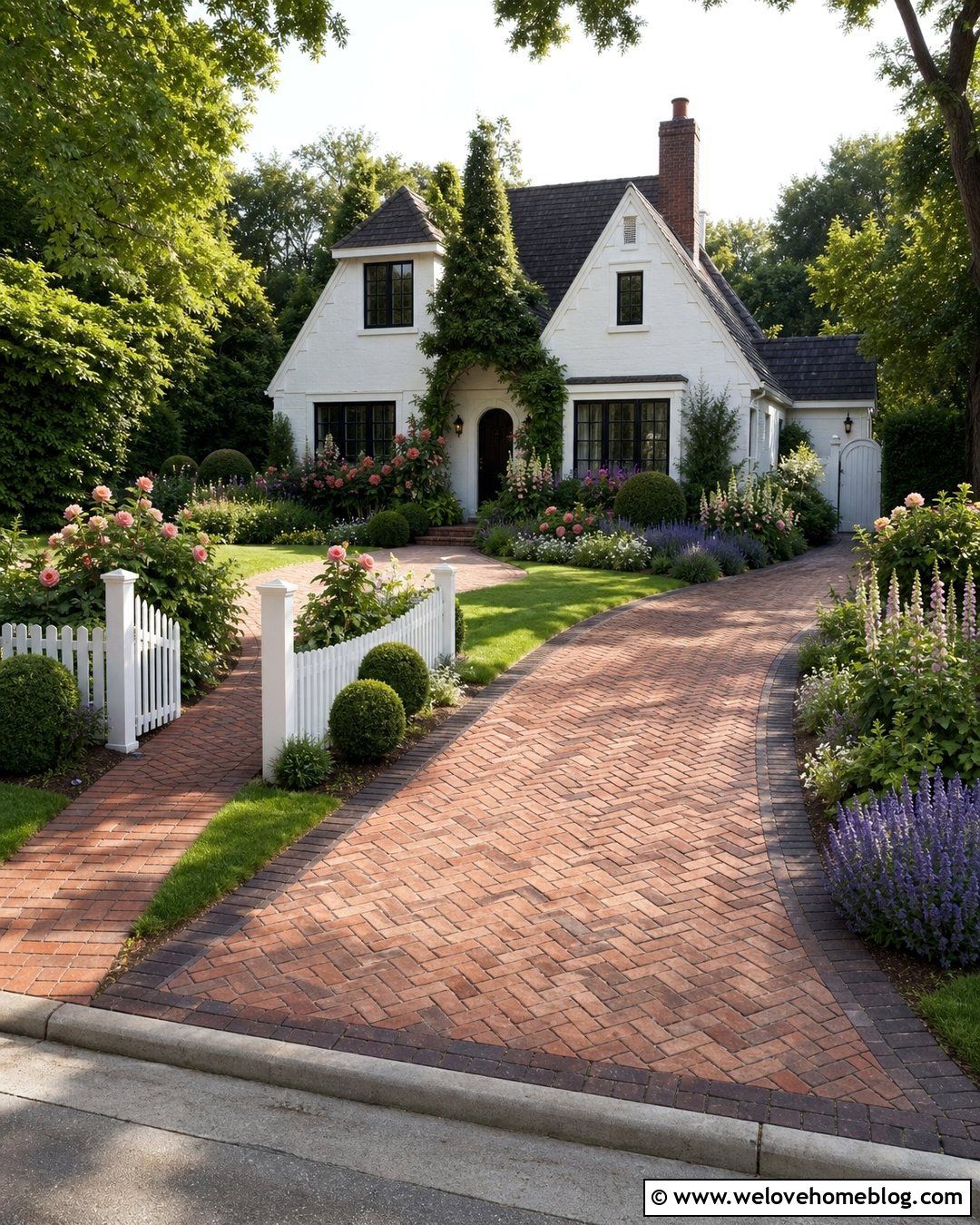 Country Brick Driveway With Cottage Borders - 40 Country Driveway Entry Landscaping Ideas