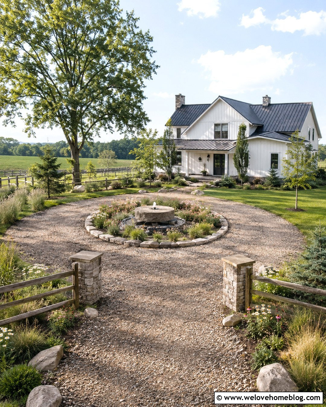 Country Circle Driveway With Millstone Fountain - 20 circle driveway with fountain ideas
