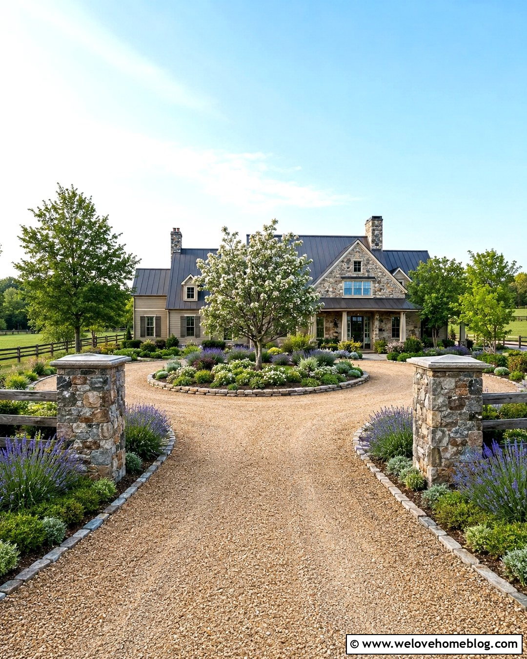 Country Circle Driveway With Stone Pillars
