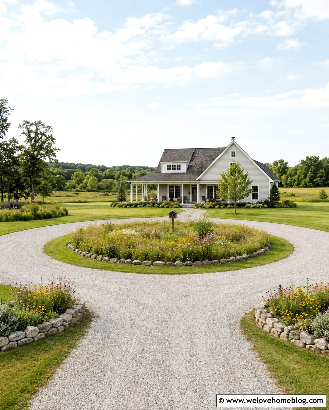 Country Circle Driveway With Wildflower Island - 20 circle driveway landscaping country ideas