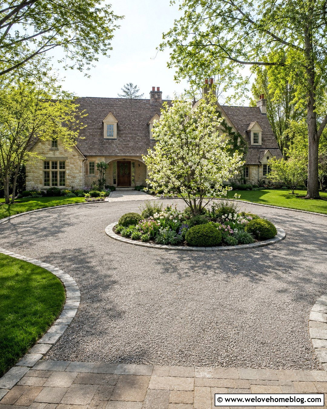 Country Cottage Circular Gravel Driveway With A Garden Island - 20 Country Cottage Driveway Ideas