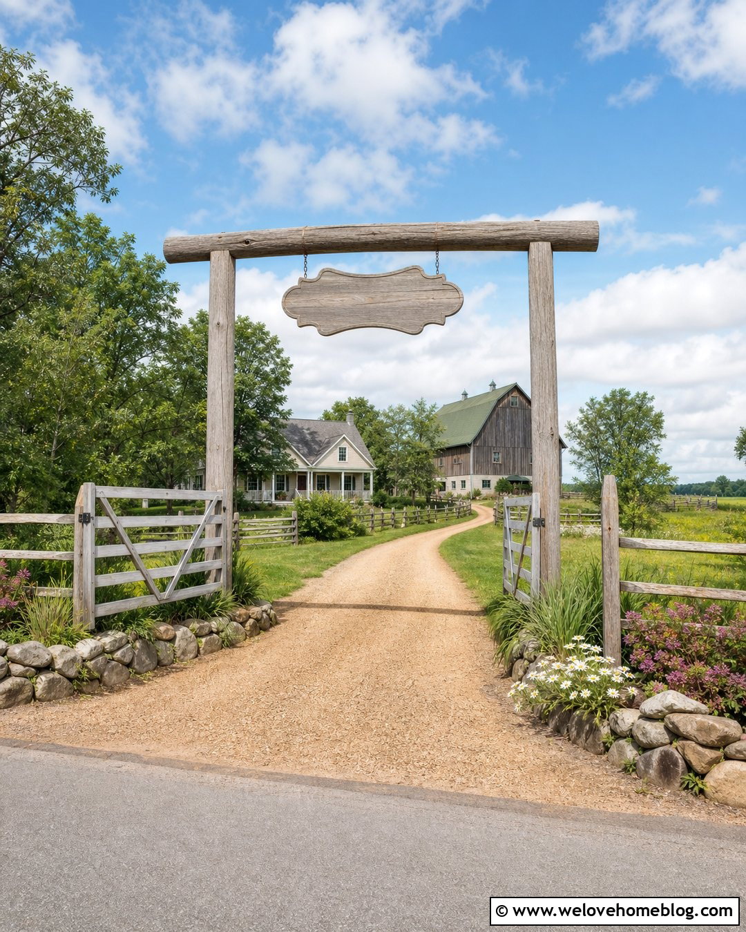 Country Driveway Entrance With A Farm Sign - 30 Country Driveway Entrance Ideas
