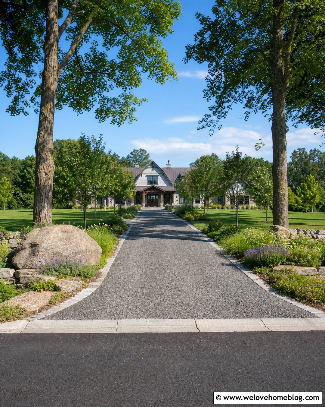 Country Driveway Entrance With A Native Stone Sign - 35 Driveway Entrance Landscaping Country Ideas