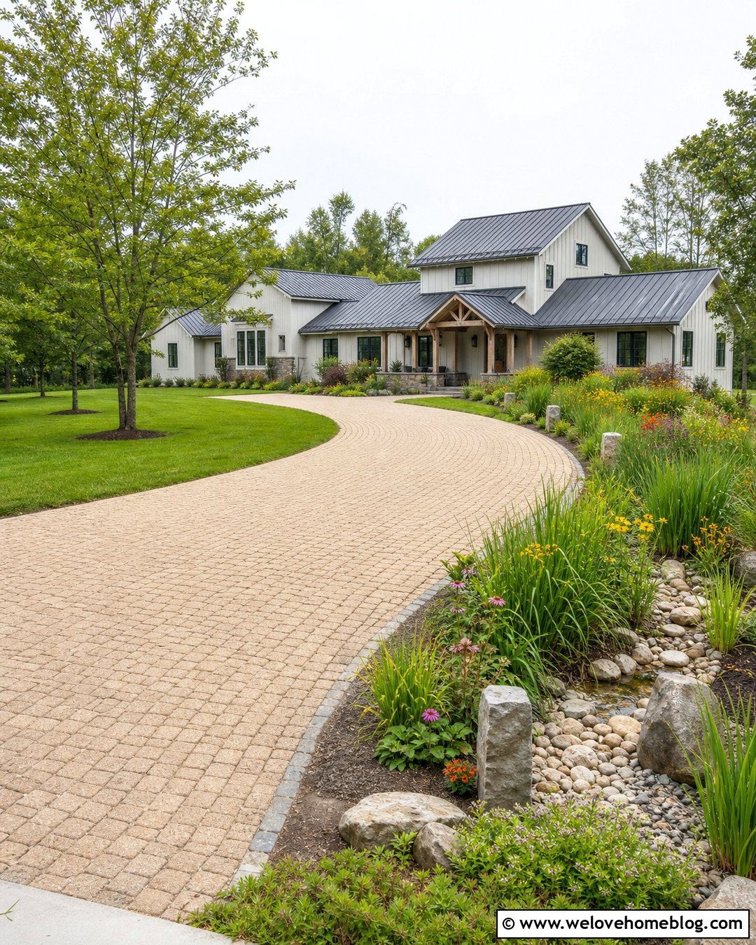 Country Driveway Entrance With A Rain Garden - 35 Driveway Entrance Landscaping Country Ideas