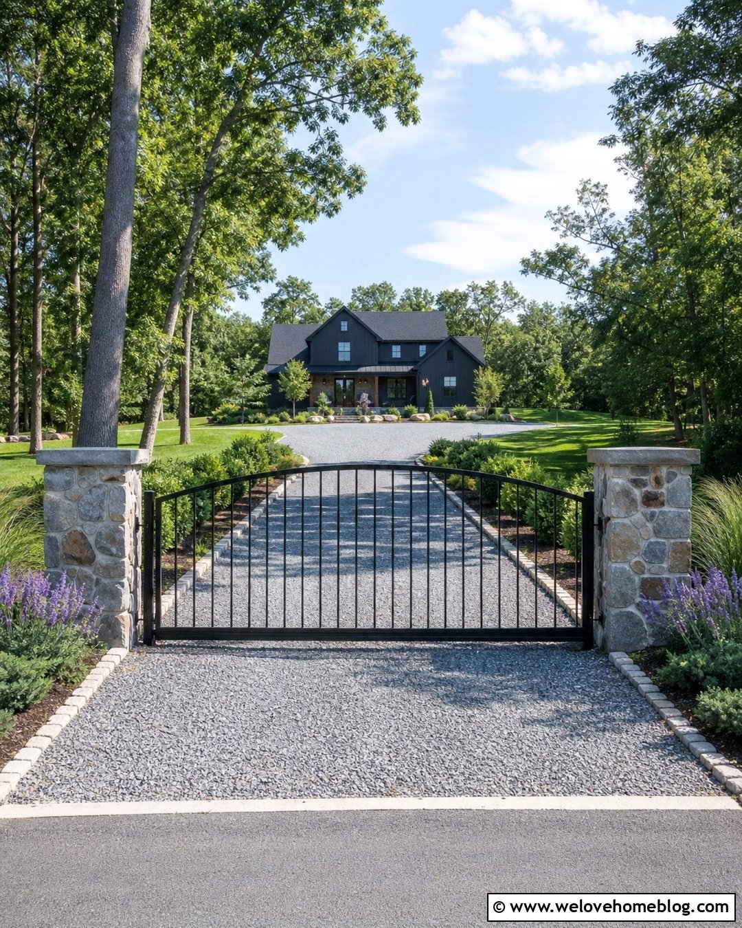 Country Driveway Entrance With A Rustic Metal Gate - 35 Driveway Entrance Landscaping Country Ideas