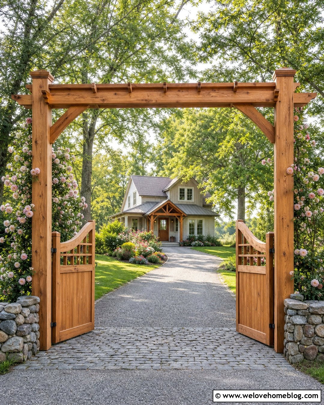 Country Driveway Entrance With A Wooden Archway - 30 Country Driveway Entrance Ideas