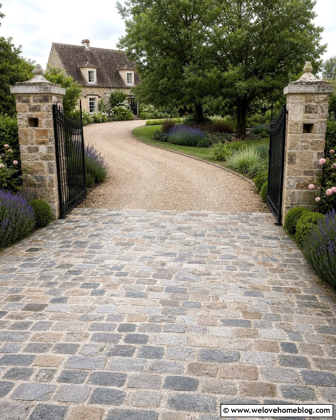 Country Driveway Entrance With Cobblestone Pavers - 35 Driveway Entrance Landscaping Country Ideas