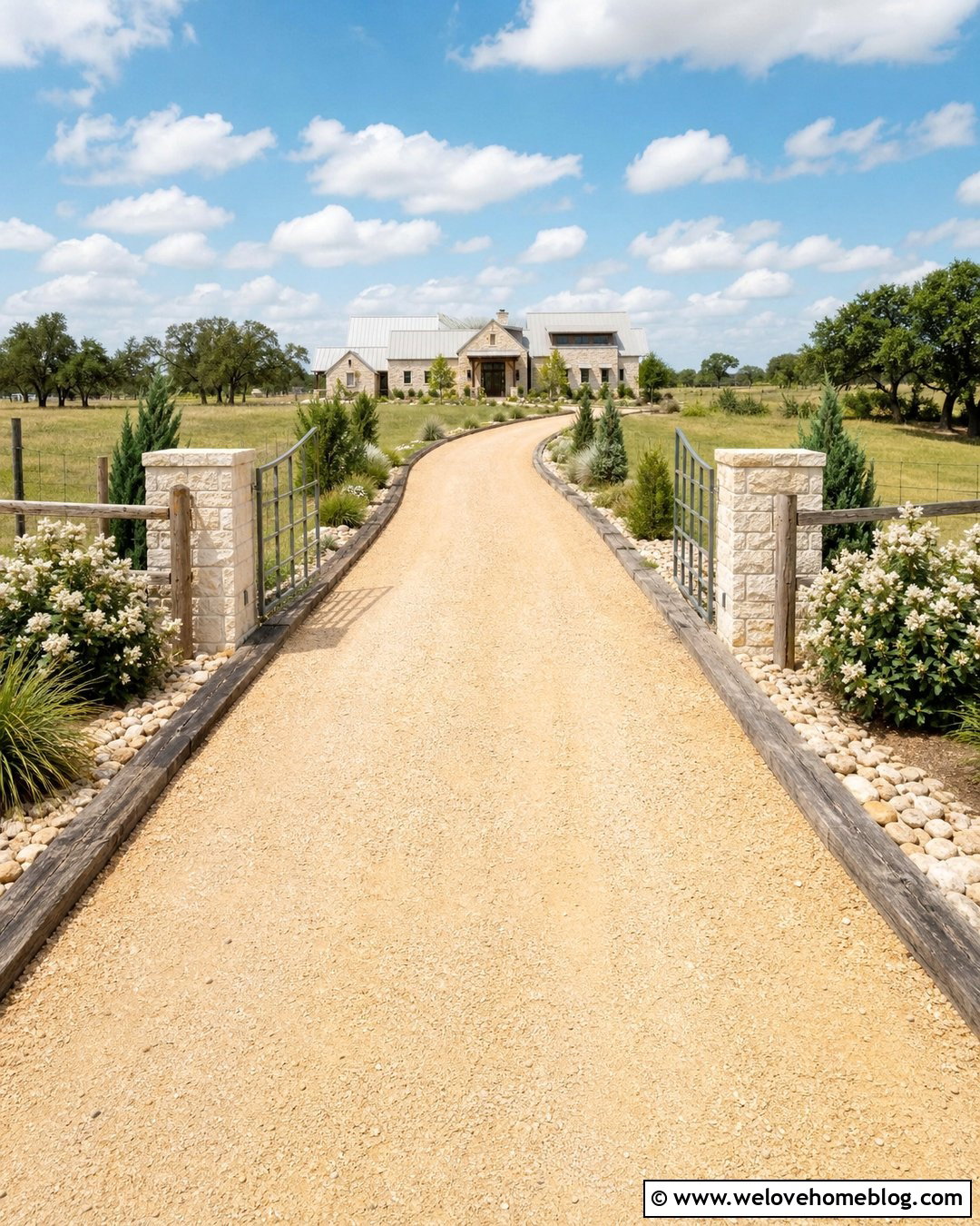Country Driveway Entrance With Crushed Limestone - 30 Country Driveway Entrance Ideas
