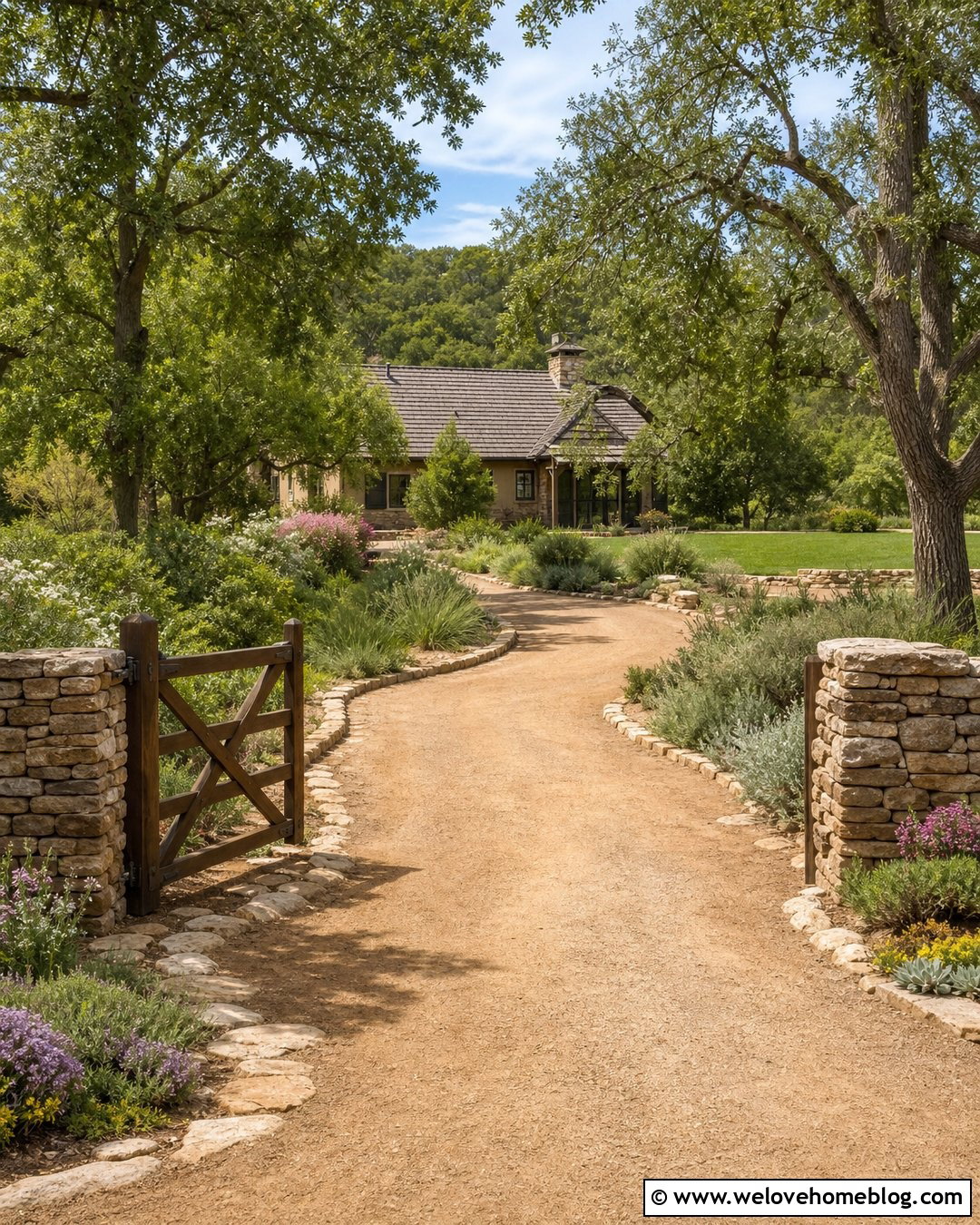 Country Driveway Entrance With Dry Stack Stone - 30 Country Driveway Entrance Ideas