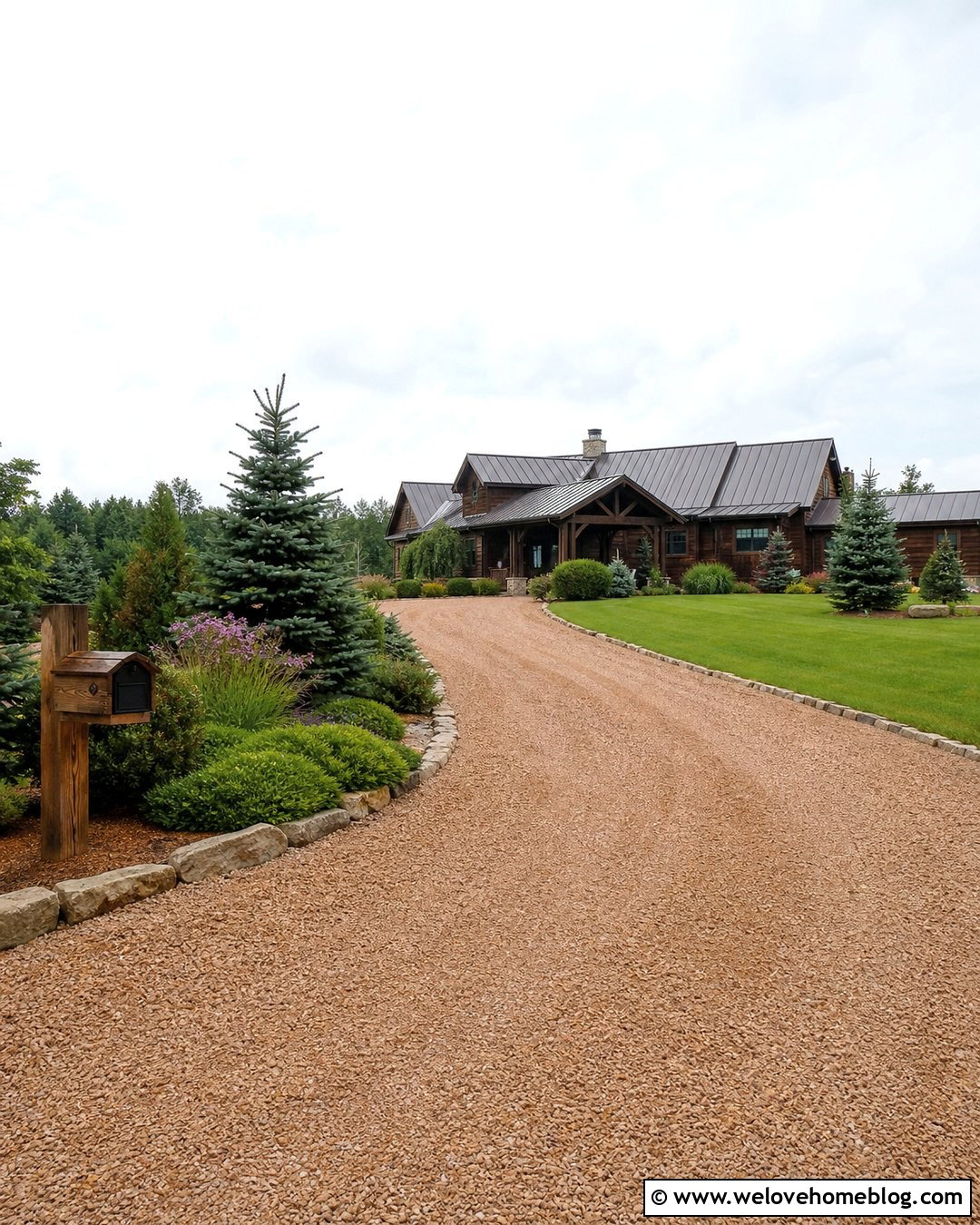 Country Driveway Entrance With Evergreen Shrubs - 35 Driveway Entrance Landscaping Country Ideas