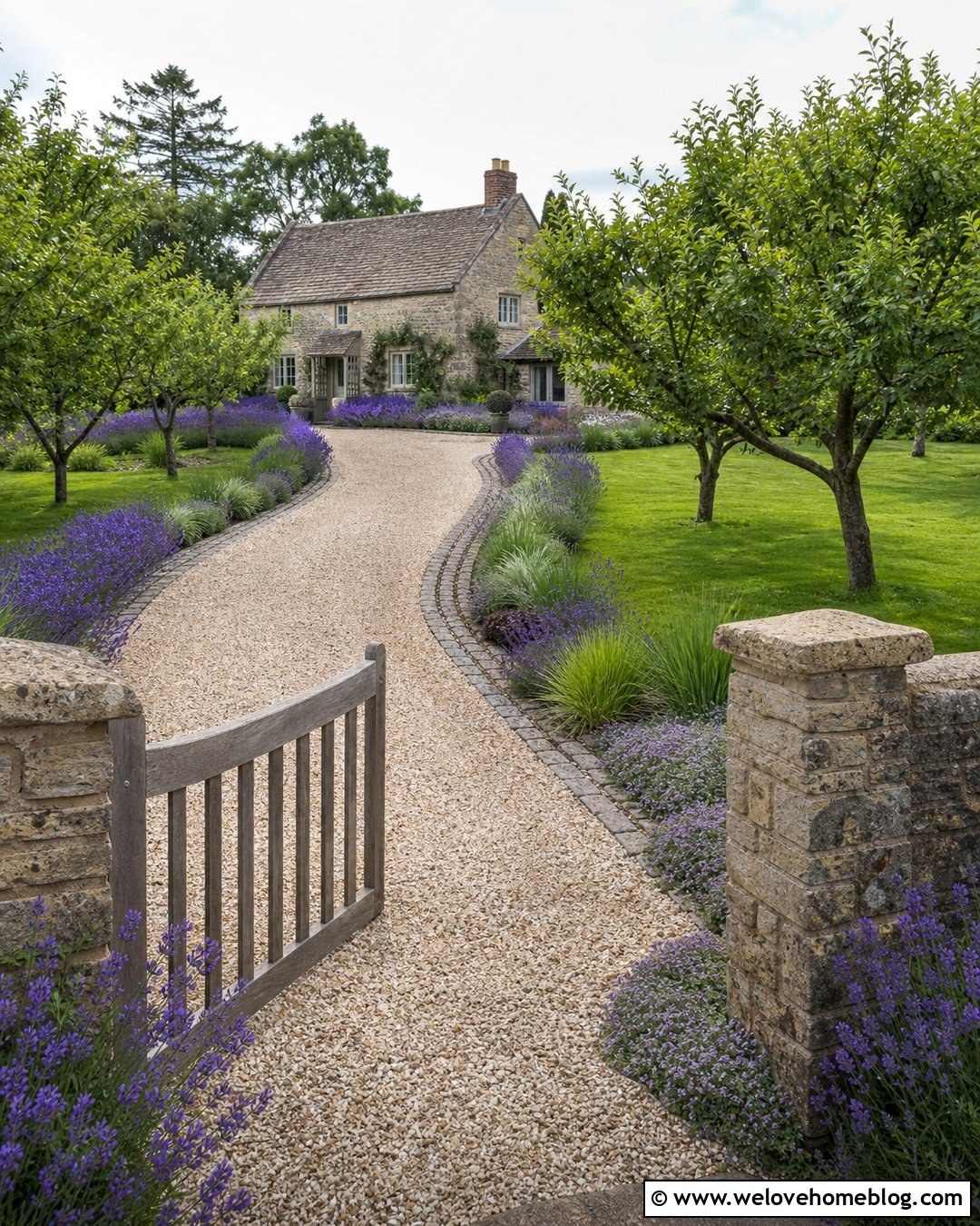 Country Driveway Entrance With Lavender Borders - 35 Driveway Entrance Landscaping Country Ideas