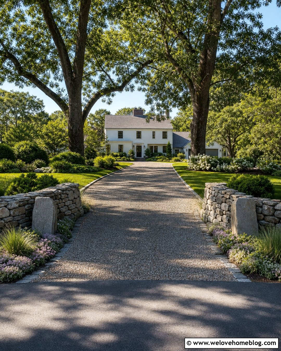 Country Driveway Entrance With Low Stone Walls - 35 Driveway Entrance Landscaping Country Ideas