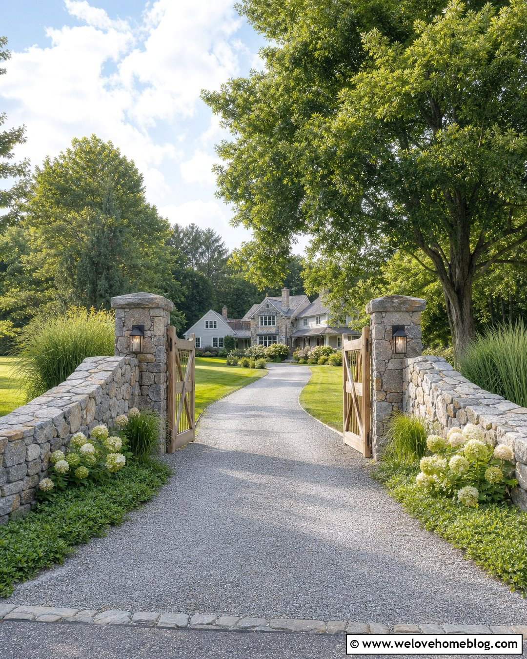 Country Driveway Entrance With Low Stone Walls - 25 Rural Driveway Entrance Ideas