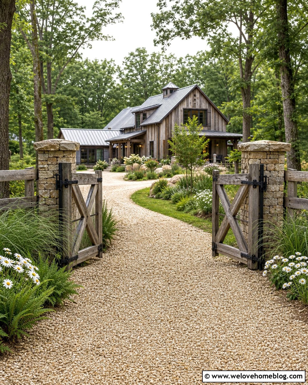 Country Driveway Entrance With Reclaimed Wood Gates - 30 Country Driveway Entrance Ideas