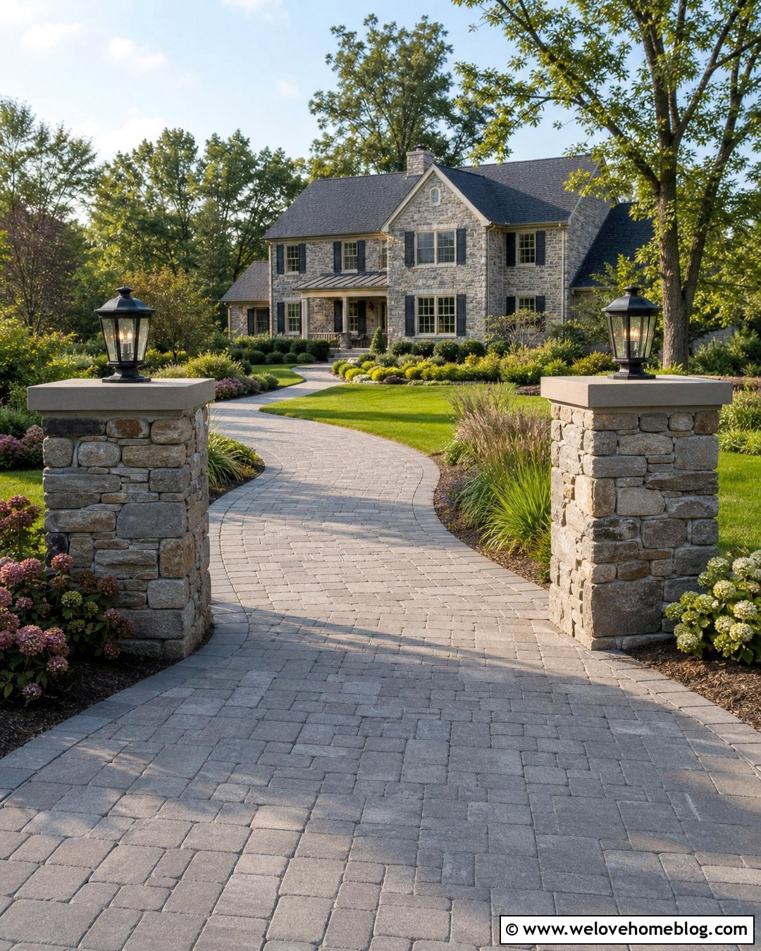 Country Driveway Entrance With Rustic Lantern Pillars - 35 Driveway Entrance Landscaping Country Ideas