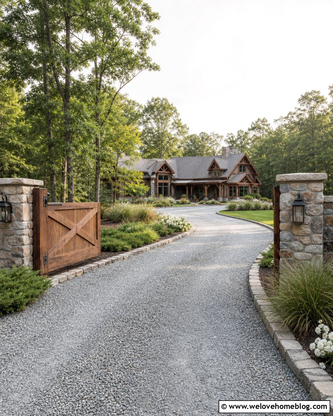 Country Driveway Entrance With Stone And Wood Gates - 35 Driveway Entrance Landscaping Country Ideas