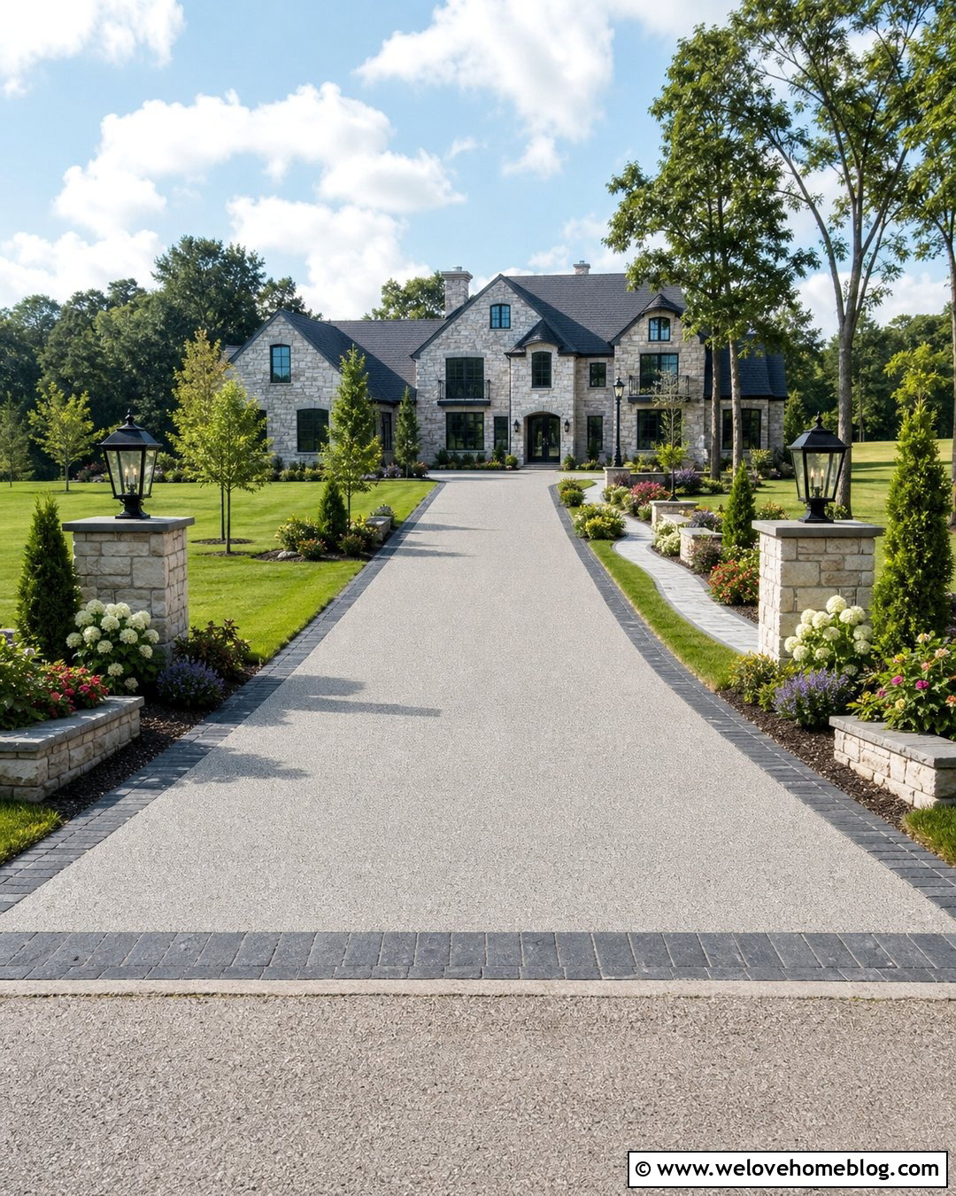 Country Driveway Entrance With Stone Piers And Lanterns - 20 End Of Driveway Entrance Country Ideas