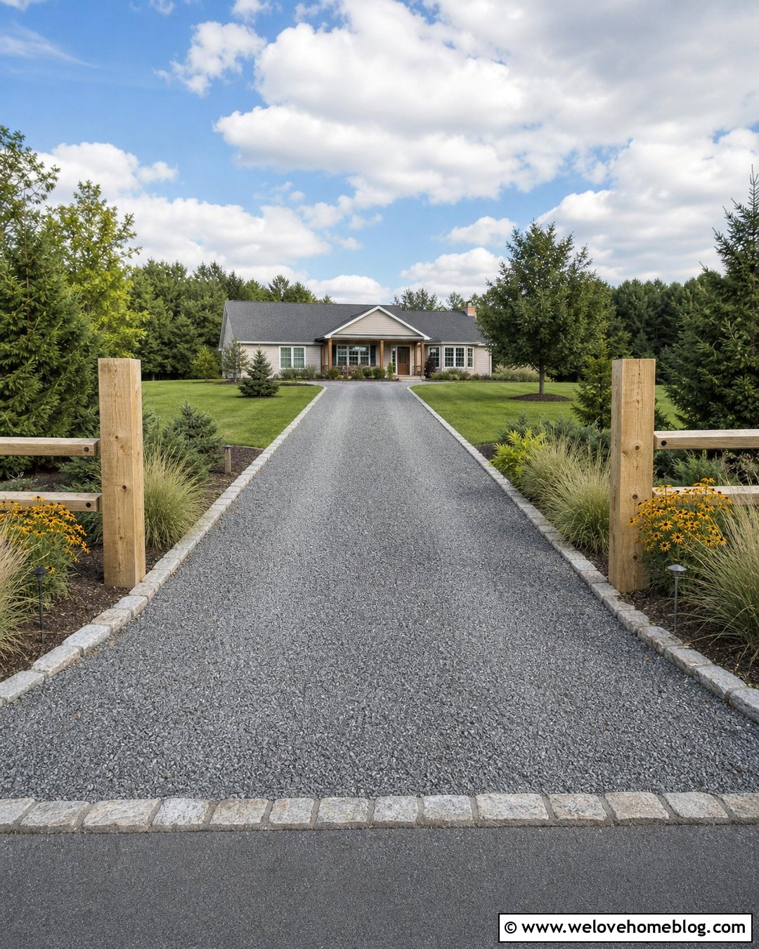 Country Driveway Entrance With Timber Posts And Gravel - 30 Country Driveway Entrance Ideas