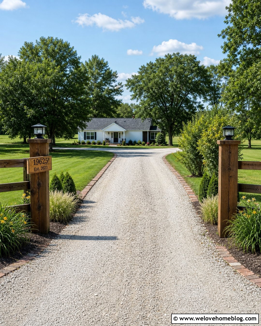 Country Driveway Entrance With Timber Posts And Solar Lights - 20 End Of Driveway Entrance Country Ideas