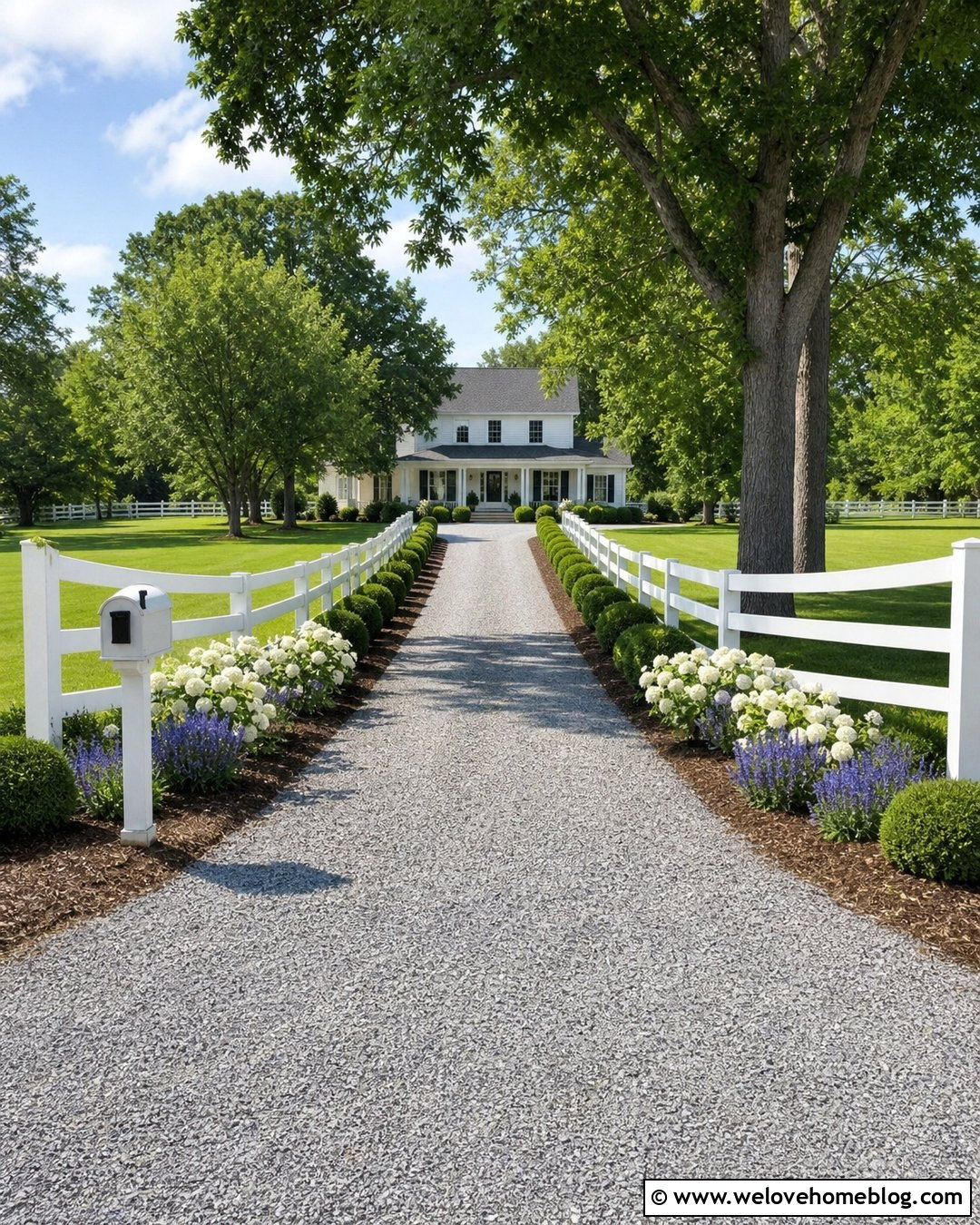 Country Driveway Entrance With White Farm Fencing - 35 Driveway Entrance Landscaping Country Ideas