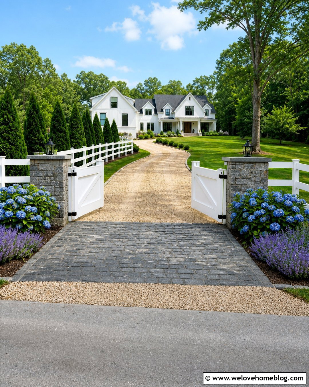 Country Driveway Entrance With White Farmhouse Gates - 30 Country Driveway Entrance Ideas