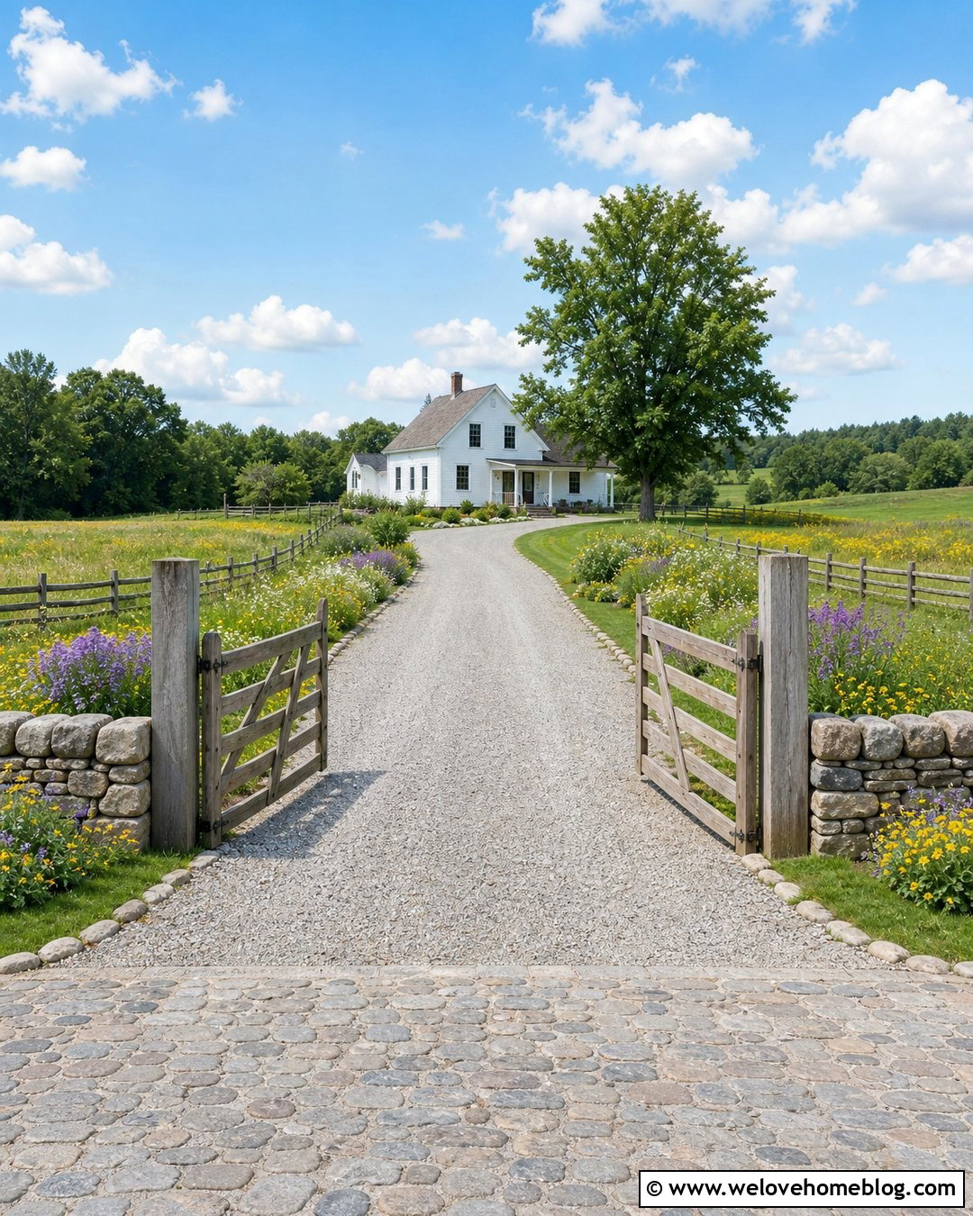 Country Driveway Entrance With Wildflower Borders - 30 Country Driveway Entrance Ideas