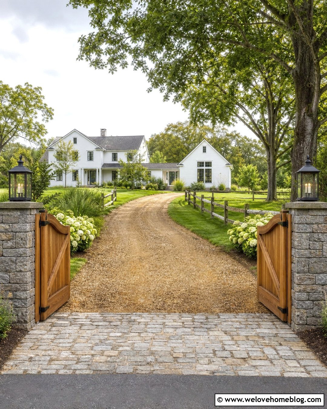 Country Driveway Entrance With Wooden Gates And Stone Pillars - 30 Country Driveway Entrance Ideas