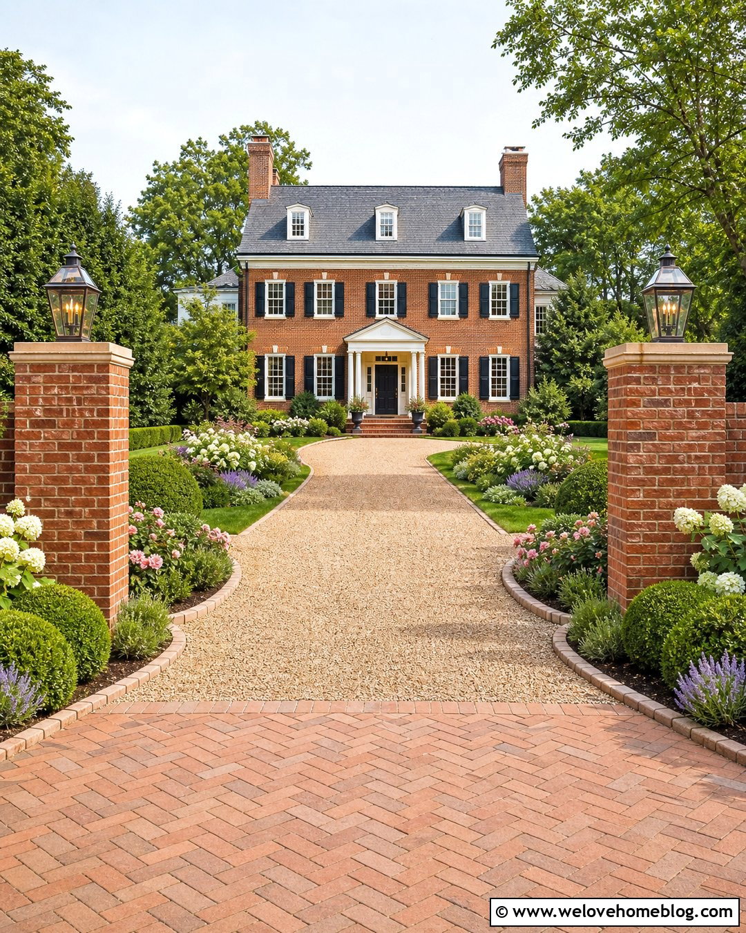 Country Driveway With Brick Pillars And Boxwood - 40 Country Driveway Entry Landscaping Ideas