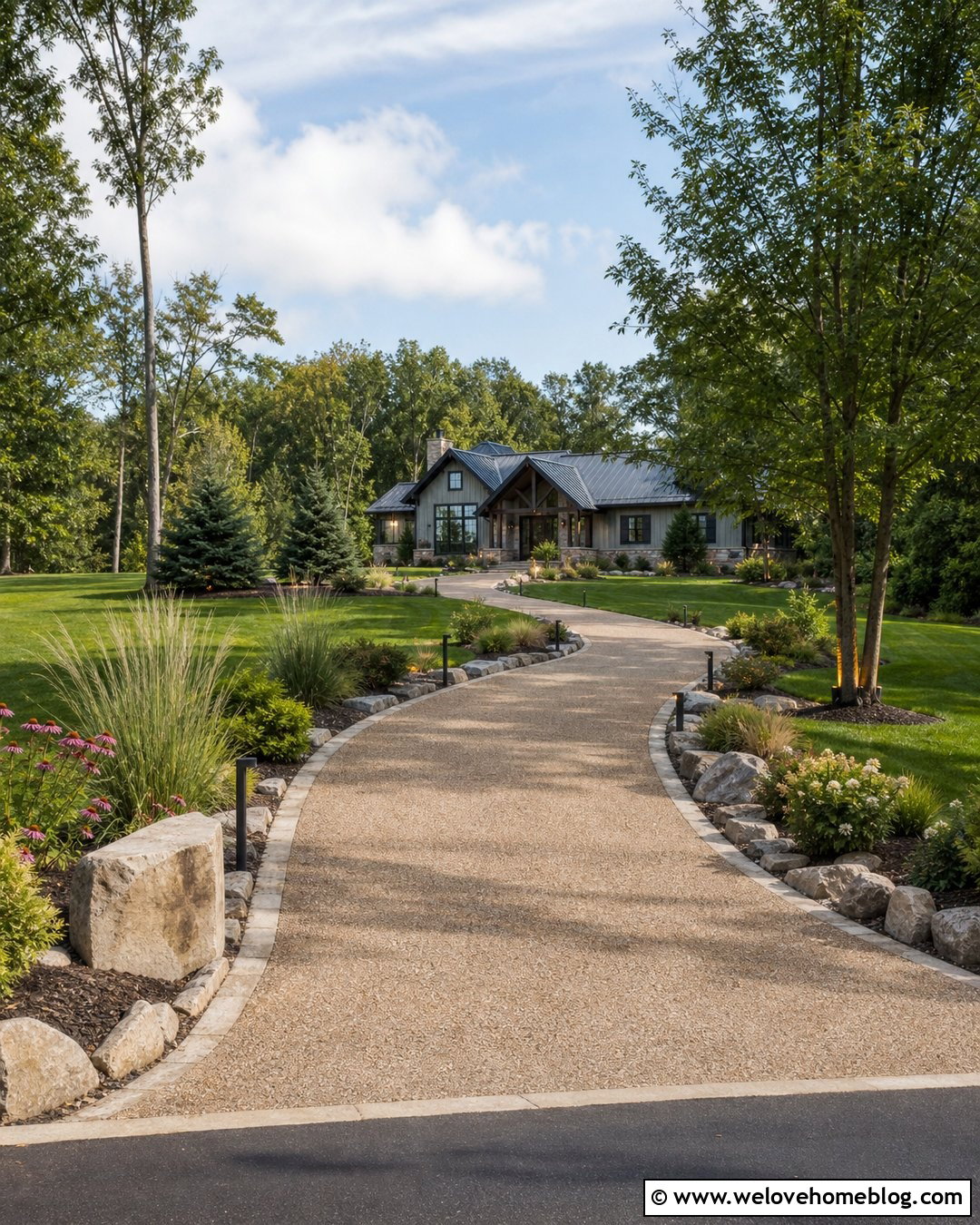 Country Driveway With Low Landscape Lighting - 40 Country Driveway Entry Landscaping Ideas