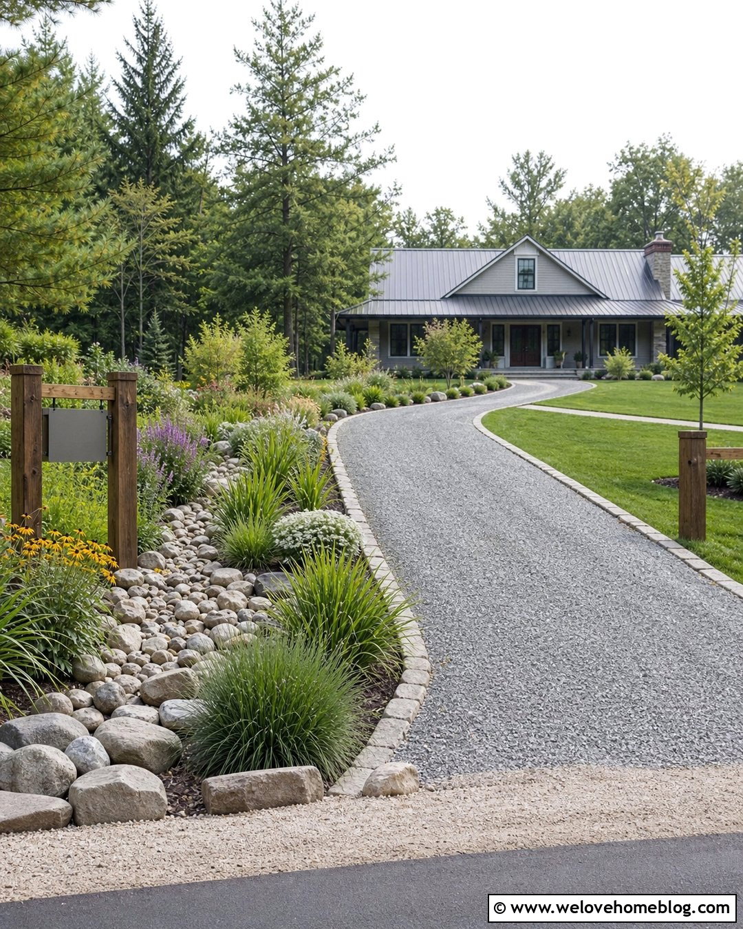 Country Driveway With Rain Garden Borders - 40 Country Driveway Entry Landscaping Ideas