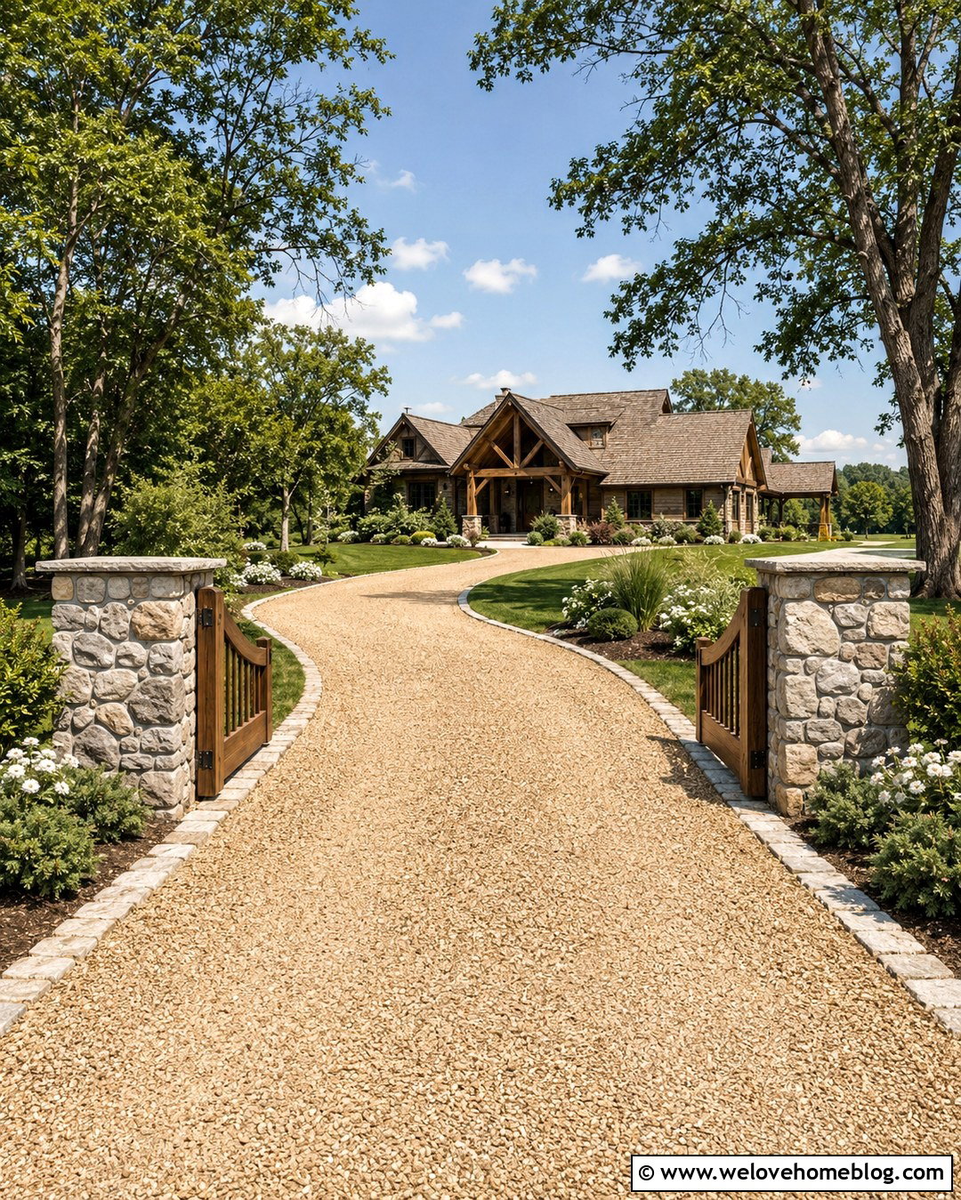 Country Driveway With Stone Pillars And Gate - 20 Country Driveway Landscape Ideas