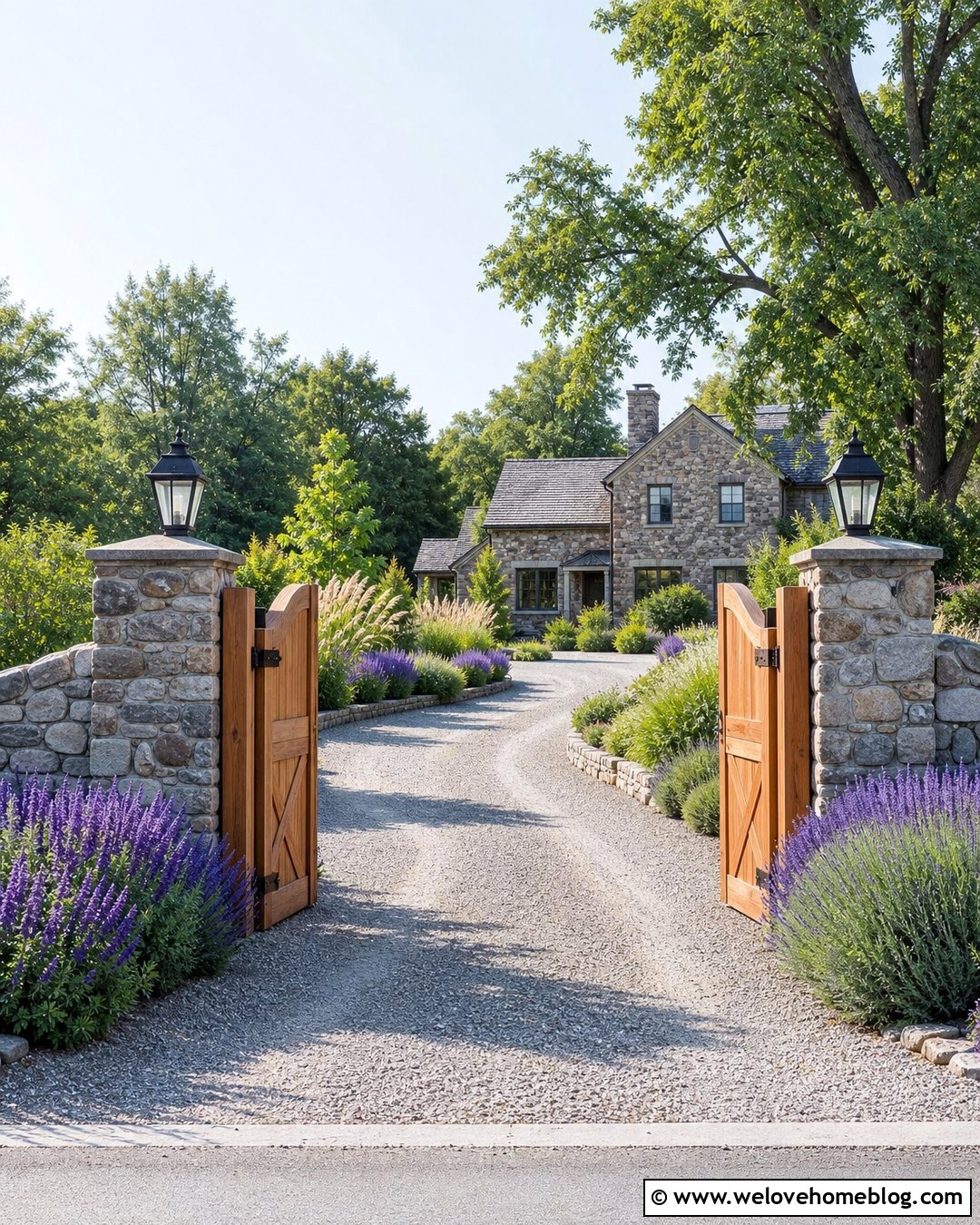 Country Driveway With Stone Pillars And Wood Gates - 30 country driveway ideas
